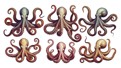 Colorful cephalopod and kraken-themed digital art set, featuring detailed tentacles of marine life and underwater creatures in PNG format