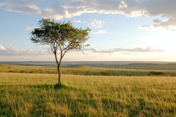 Fototapeta premium Serene acacia tree silhouette against a vast African savanna at sunset casting a warm glow on golden grass landscape