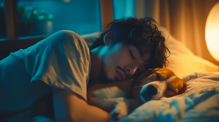 愛犬と一緒に寝る日本人男性のイラスト