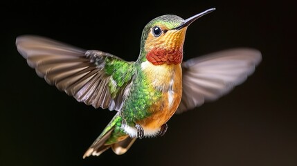 Fototapeta premium Hummingbird in Flight with Wings Spread Against Dark Background Capturing Nature's Beauty and Graceful Movement in a Moment of Serene Tranquility