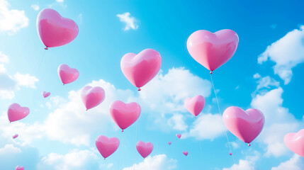 青空へ浮かぶハート形のピンクの風船