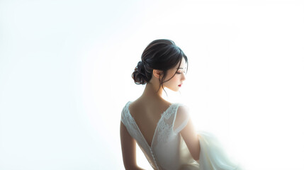 Obraz premium 白い背景でポーズを取っている日本人花嫁の後ろ姿