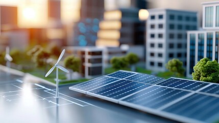 Fototapeta premium Sustainable city model showcasing solar panel array and wind turbine against urban backdrop at sunset