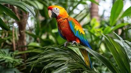 Obraz premium Vibrant macaw parrot perched on lush green palm leaf in tropical rainforest setting natural light exotic bird photography