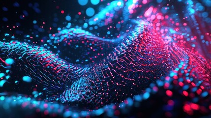 Abstract digital art featuring a dynamic wave pattern with vibrant blue and red glowing particles flowing across a dark background creating a futuristic and energetic visual