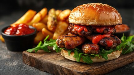 A burger with fried potatoes and dipping sauce.