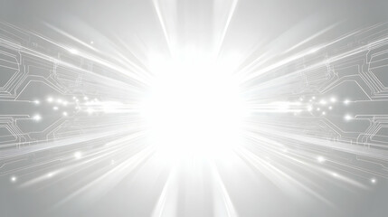 Obraz premium Abstract technology background featuring a bright, white light emanating from a central point, surrounded by circuitry designs and radiating lines, suggesting speed and innovation.