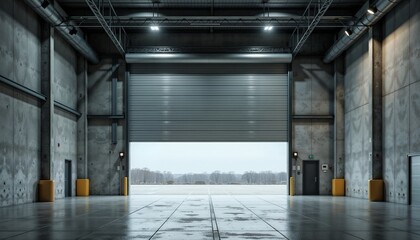 Fototapeta premium Industrial warehouse with large open automatic garage door