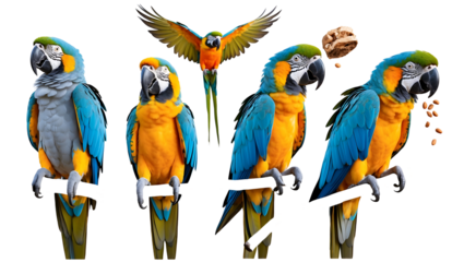 A set of colorful parrots perched together, vibrant tropical birds with detailed feathers isolated on clean PNG background