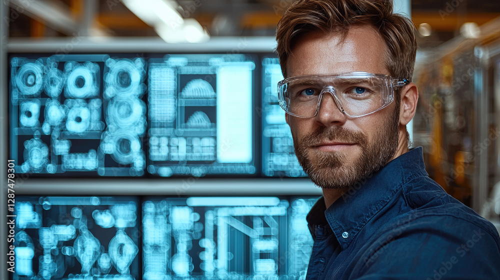 Poster focused man wearing safety glasses stands front of digital screens displaying technical data and gra