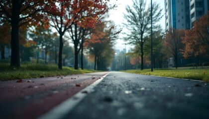 Fototapeta premium A picturesque running track in a park, lined with autumn leaves, ideal for jogging and enjoying outdoor activities