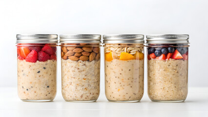 overnight oats nutrition wholesome fiber meal prep low calorie Four jars of overnight oats layered with fruits and nuts, showcasing a healthy breakfast option.