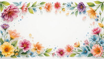 Fototapeta premium Vibrant Spring Flower Border in Watercolor, Featuring Lush Petals and Foliage on a Clean Background