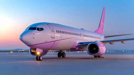 Fototapeta premium Airplane taxiing at sunset, airport background