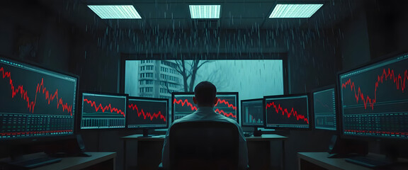 Market analyst observing bearish trends financial district digital artwork rainy atmosphere rear view economic insights