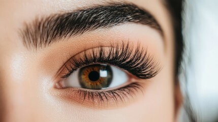 Fototapeta premium Close-up of a womans eye with long eyelashes, soft window light from left,