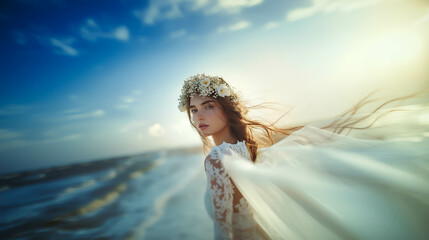 ウェディングドレスを着た欧米人、女性モデルが海を背景に撮影