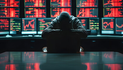 Despair from financial losses trading floor digital art dark environment close-up economic downturn