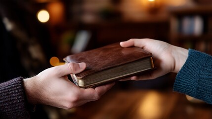 Offering knowledge, A person gives a worn leather-bound book to another