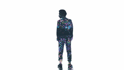 Digital business. Smart silhouette. Colorful liquid crystal glitch pixel double exposure outline of...