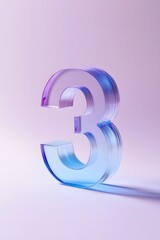 Fototapeta premium Transparent Glass Number 3 in Blue Gradient Color Standing Upright on Purple Background with Reflection Effect