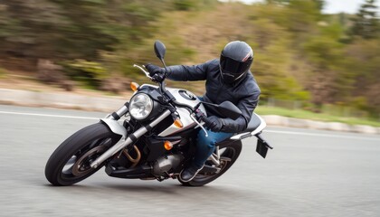 Experience the thrill of speed with this dynamic shot of a motorcycle rider leaning into a sharp turn. Dressed in full protective gear, this high-energy image captures the essence of adventure