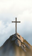 Christian Worship in Nature Christian Worship in Nature Cross on a Mountain Peak Surrounded by Soft Clouds and Gentle Light in a Serene Landscape
