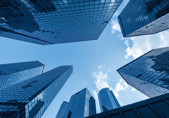 Fototapeta premium Majestic Skyscrapers Reaching for the Sky: A Low Angle View of Modern Architecture in a Vibrant City
