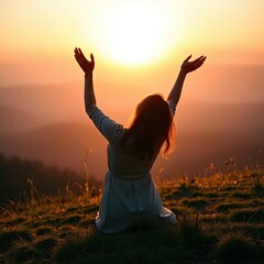 Christian Worship in Nature Christian Worship in Nature Woman Embracing Nature at Sunrise on a Mountain Peak with Outstretched Arms in Serene Landscape Scene