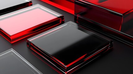Elegant Minimalist 3D Glass and Metallic Abstract Background in Red and Black Tones