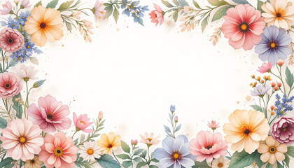Fototapeta premium Pastel Watercolor Flower Frame, Hand-Painted with Seasonal Spring Flowers in An Organic Arrangement