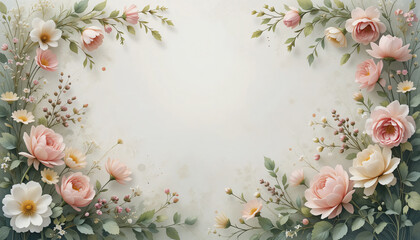 Obraz premium Romantic Watercolor Floral Frame, Soft Spring Blooms and Greenery Creating a Delicate Border Design, Copy Space for Text Design