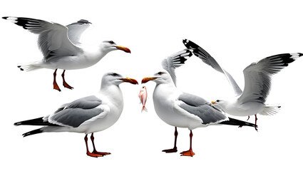 Fototapeta premium Seagull set featuring multiple poses, high-resolution PNG images of seabirds in flight and resting, ideal for maritime and beach-themed visuals