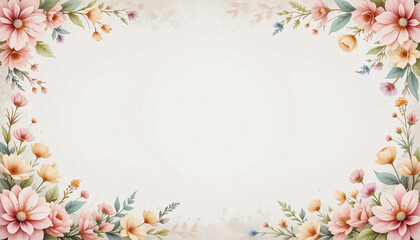 Vintage-Inspired Watercolor Frame, Soft and Gentle Spring Flowers Decorating The Edges of A White Canvas