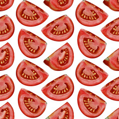 Watercolor seamless pattern with fresh tomato quarters. Suitable for packaging, textiles, culinary design, and background solutions.