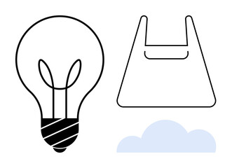 Minimalistic light bulb, plastic bag, and cloud icons in black and light blue. Ideal for innovation, sustainability, shopping, waste management, digital technology, cloud computing environment