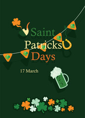 Saint Patrick's Day party flyer, brochure, holiday invitation, corporate celebration. smoking pipe, shamrock, horseshoe, background. Vector illustration.