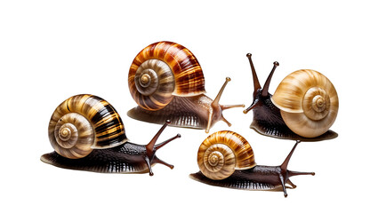 Snail set featuring multiple angles and postures, high-quality detailed shells and smooth textures on a clean PNG background