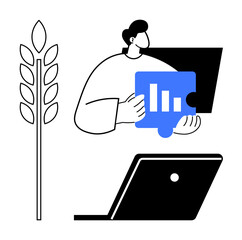 Person holding a blue puzzle piece with a bar graph, black laptop, plant stem. Ideal for business analytics, agriculture, integration, problem-solving, growth technology data analysis. Abstract