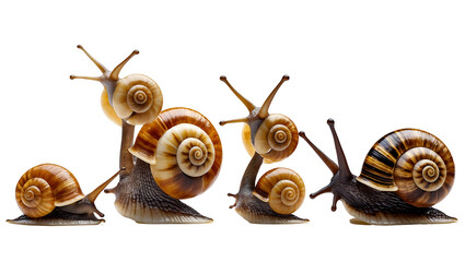 A set of snails in different poses isolated on a transparent background, detailed shell patterns and realistic textures
