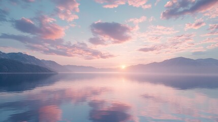 Fototapeta premium Majestic sunrise over calm lake with pink clouds and mountains, reflecting serene beauty. Peaceful nature landscape and tranquility concept