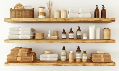 Wooden shelves with towels, toiletries, and spa accessories