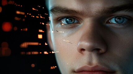 Close-up Portrait of Young Man with Digital Data Overlay Effect