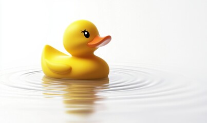 Yellow rubber duck floating in ripples of water on white