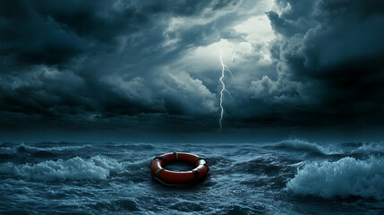 Red Life Raft in a Dark and Stormy Ocean