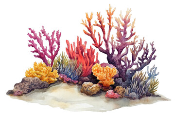 Watercolor painting of a coral reef isolated on transparent background