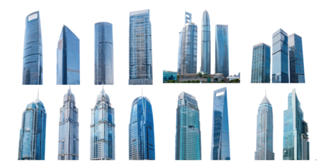 Modern Skyscrapers in Urban Environment, PNG set collection, isolated on transparent background