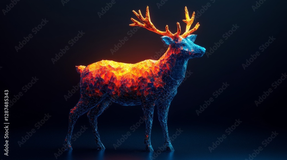 Poster digital art of a glowing deer in vibrant neon colors, illuminated antlers and abstract polygon desig