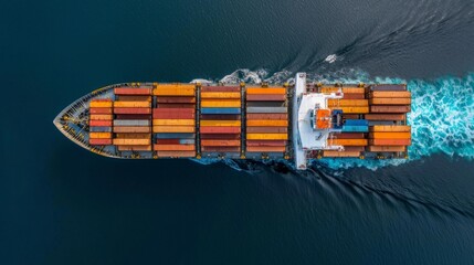 Aerial View of Cargo Ship Navigating Open Water with Colorful Container Stacks and Wake Trail