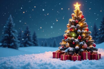 Obraz premium Snow-covered landscape, ornate Christmas tree, presents , rustic, snow, gifts